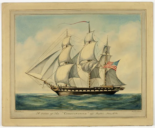 A View of the Constitution off Boston by Isiah Whyte, painting, 1814