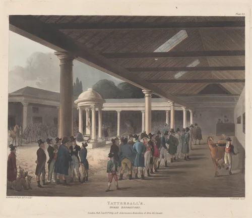 Tattersall's, Horse Repository, Hyde Park Corner by Thomas Rowlandson, print, 1809