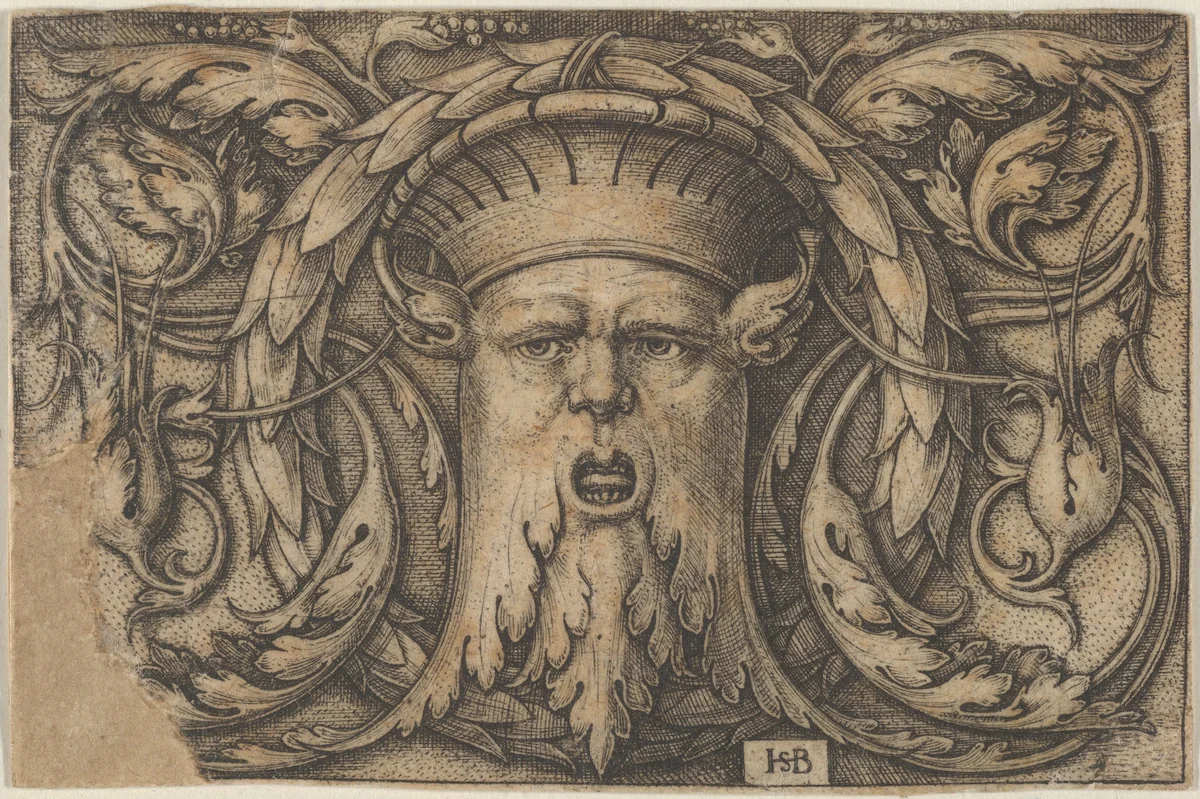 Horizontal Panel with a Bearded Amascaron in a Medallion at Center Surrounded by Tendrils by Sebald Beham, print, 1543