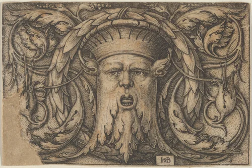 Horizontal Panel with a Bearded Amascaron in a Medallion at Center Surrounded by Tendrils by Sebald Beham, print, 1543