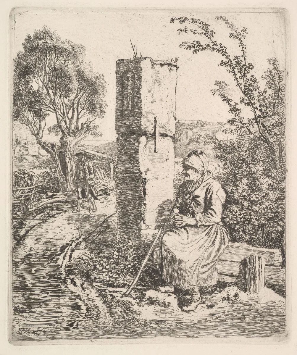 An Old Lady Sitting Near a Pillar at Side of Road by Johann Christoph Erhard, print, 1819