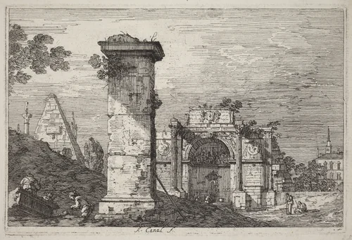 Landscape with Ruined Monuments by Canaletto, print, 1740