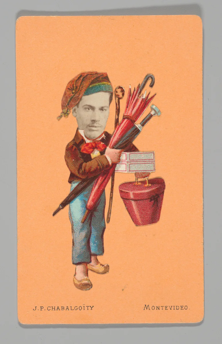 [Photo Collage: Man Carrying Umbrellas] by Juan Pedro Chabalgoity, photograph, 1870-1880