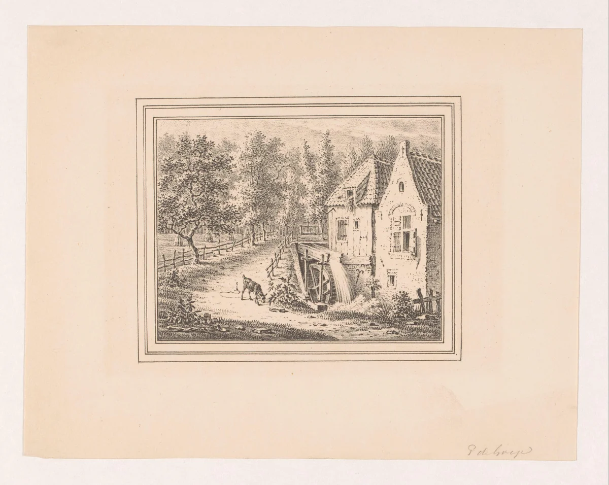 Landschap met watermolen en een grazende geit aan een touw by Pieter de Goeje, print, 1825