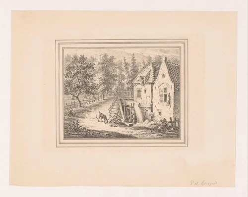 Landschap met watermolen en een grazende geit aan een touw by Pieter de Goeje, print, 1825