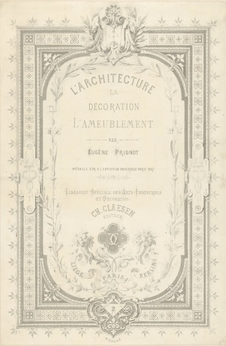 Titelblad voor L'architecture, la décoration, l'ameublement by Alexandre Eugène Prignot, drawing, 1867-1900