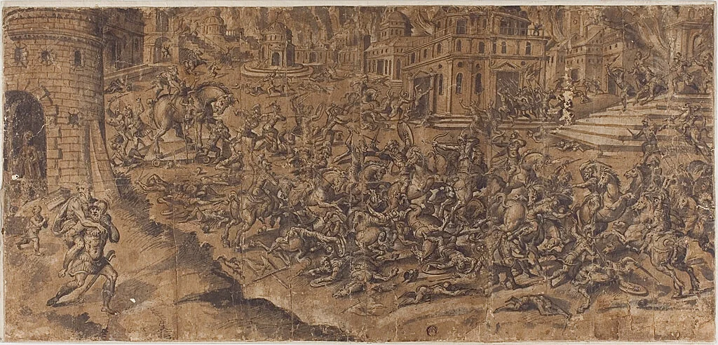 Aeneas Leaving the Burning City of Troy by Unknown Artist, drawing, 1500-1599