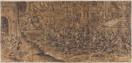Aeneas Leaving the Burning City of Troy by Unknown Artist, drawing, 1500-1599