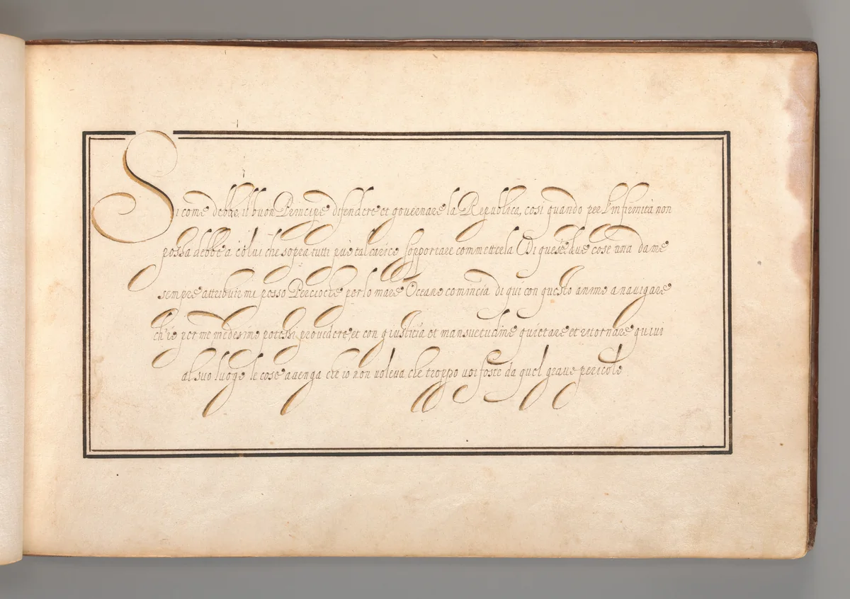 Calligraphic Exercise in Italian (Cursive Script) by anonymous, book, 1600-1625