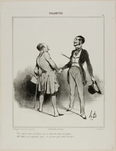 “- You must come to have dinner, my wife will eat in town.. it is just us two men! - Ah, the Devil! I have a terrible headache (aside) and his wife is waiting for me!,” plate 7 from Vulgarités by Honoré-Victorin Daumier, print, 1841