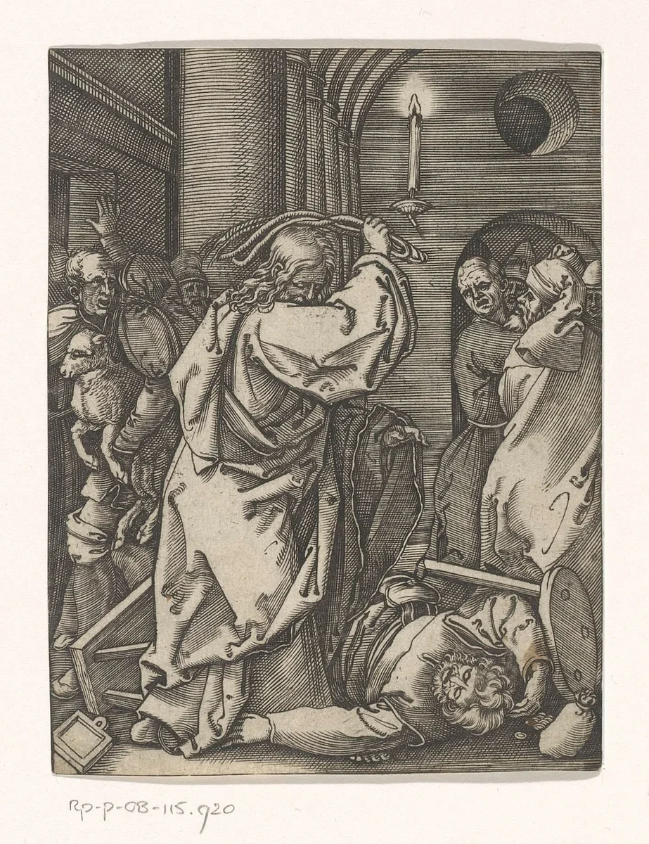 Verdrijving uit de tempel by Marcantonio Raimondi, print, 1511-1534