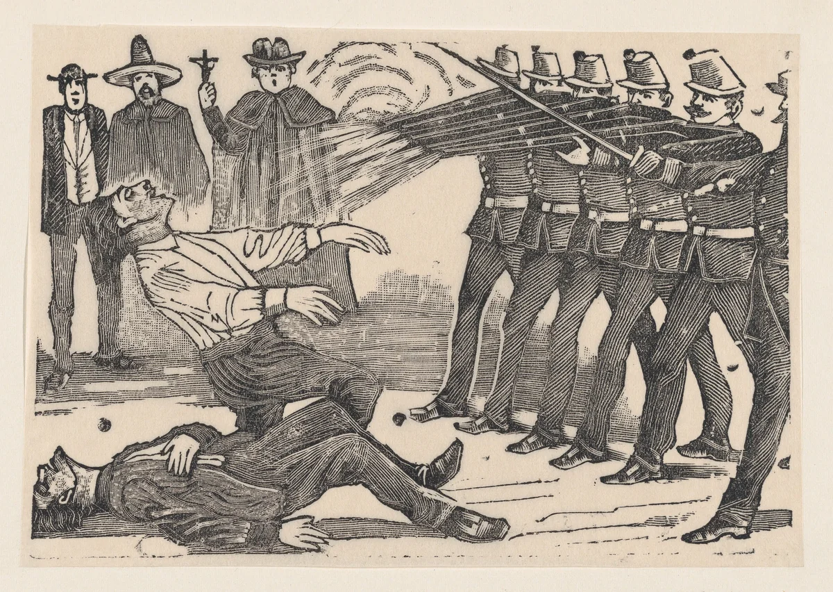 A firing squad executing two men, a priest and other figures in the background by José Guadalupe Posada, print, 1887-1897