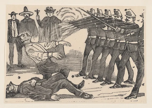 A firing squad executing two men, a priest and other figures in the background by José Guadalupe Posada, print, 1887-1897