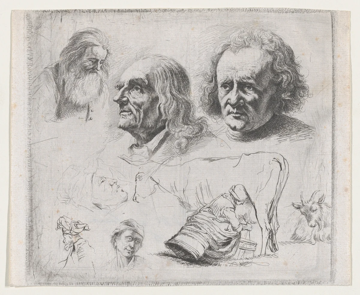 Study of Six Heads and a Milkmaid by Ignace-Joseph de Claussin, print, 1816