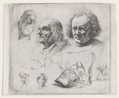 Study of Six Heads and a Milkmaid by Ignace-Joseph de Claussin, print, 1816