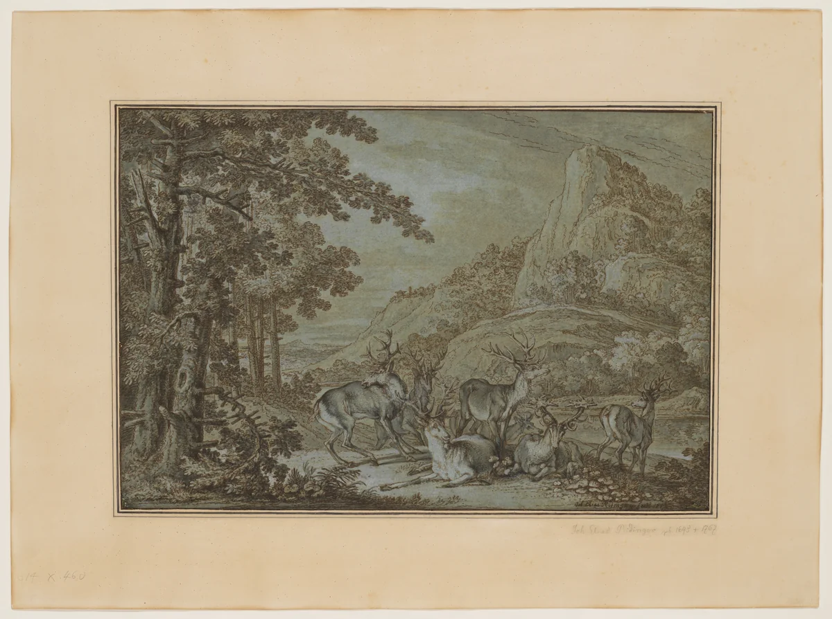 Landscape with Stags by Johann Elias Ridinger, drawing, 1737