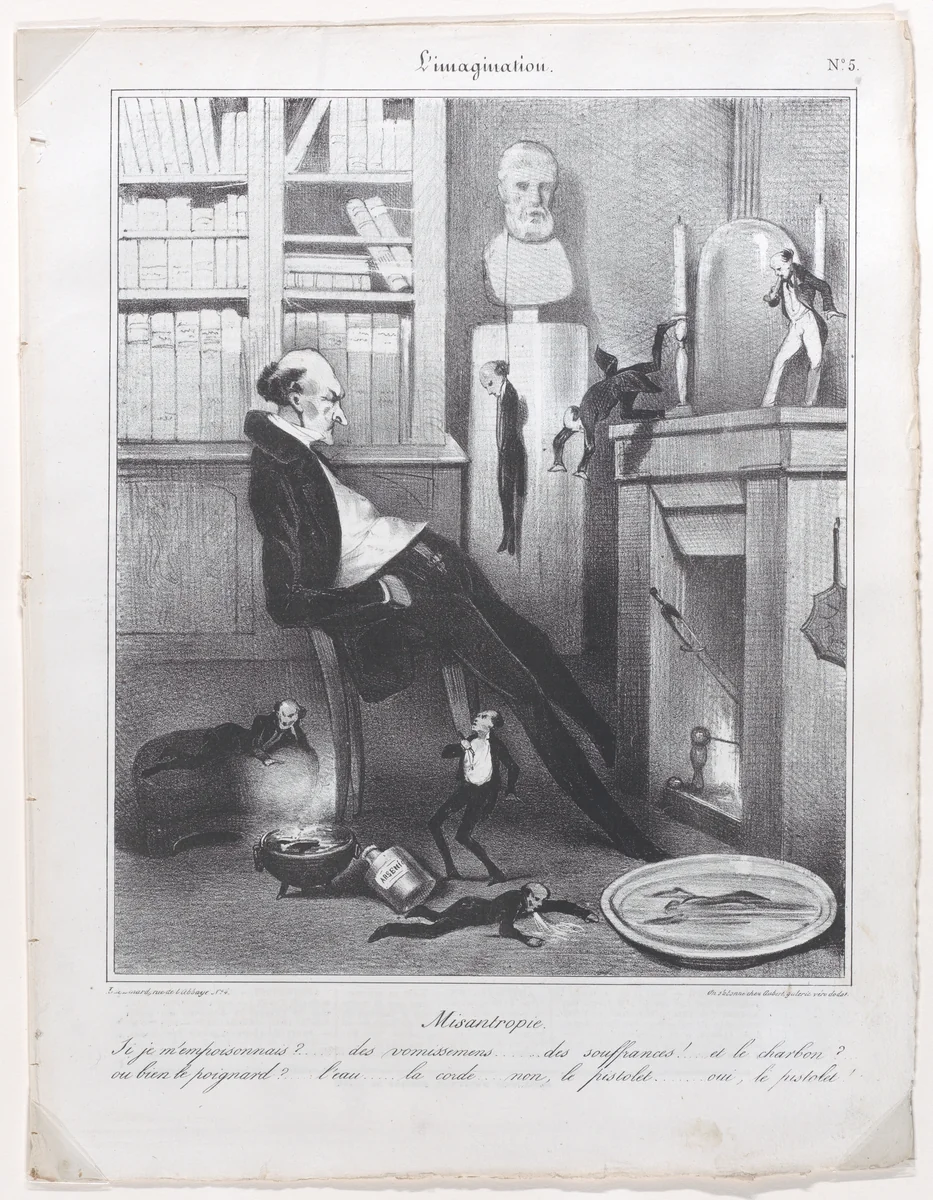 The Misanthropist (Misantropie)..., from L'imagination, published in Le Charivari, February 10, 1833 by Honoré Daumier, print, 1833