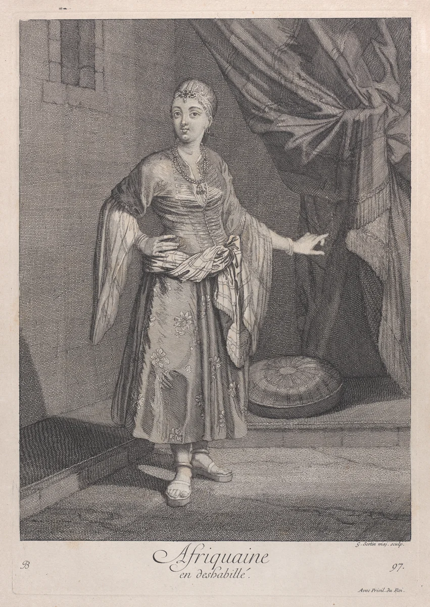 Afriquaine, en deshabillé, plate 97 from "Recueil de cent estampes représentent differentes nations du Levant" by Jean Baptiste Vanmour, print, 1714-1715