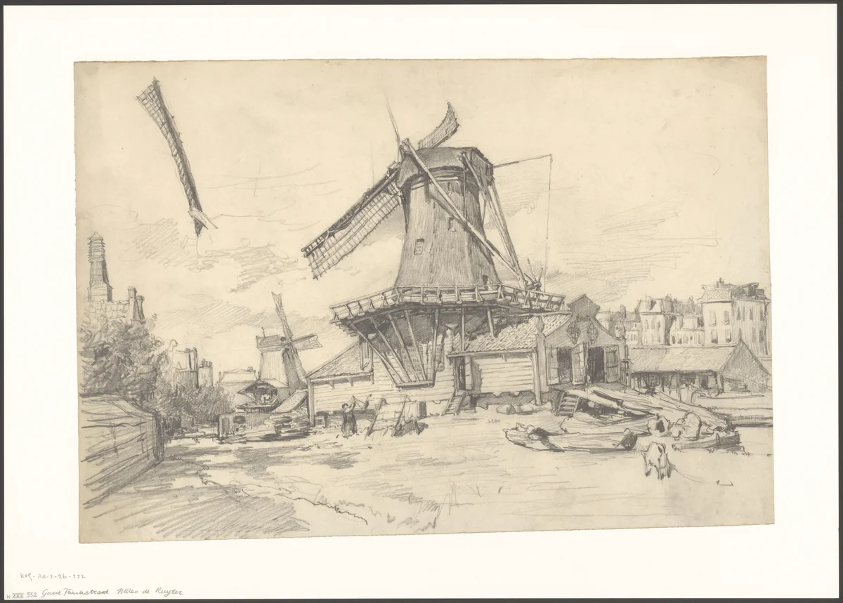 Gezicht op de Zaagmolensloot, gezien naar molen De Ruiter by Frederik Willem Zürcher, drawing, 1845-1863