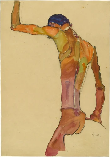 Standing Male Nude with Arm Raised, Back View by Egon Schiele, drawing, 1910