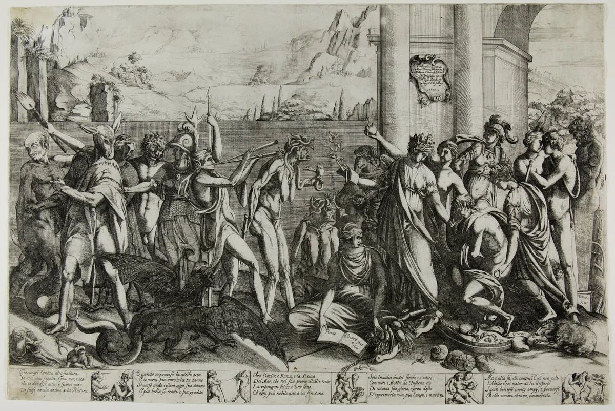 An Allegory of Statuary or Lament of Sculpture by Pierre Biard, print, 1629