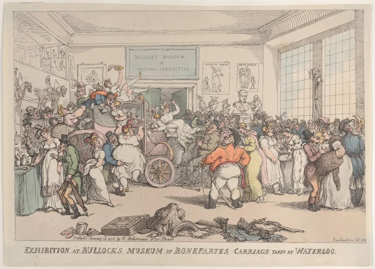Exhibition at Bullock's Museum of Bonaparte's Carriage Taken at Waterloo by Thomas Rowlandson, print, 1816
