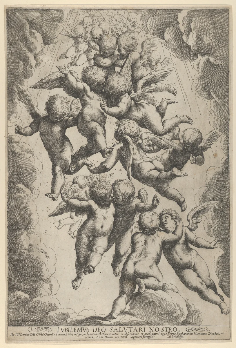 A group of angels embracing in flight, framed by clouds by Guido Reni, print, 1602-1612
