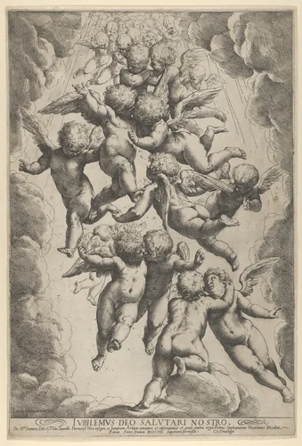 A group of angels embracing in flight, framed by clouds by Guido Reni, print, 1602-1612