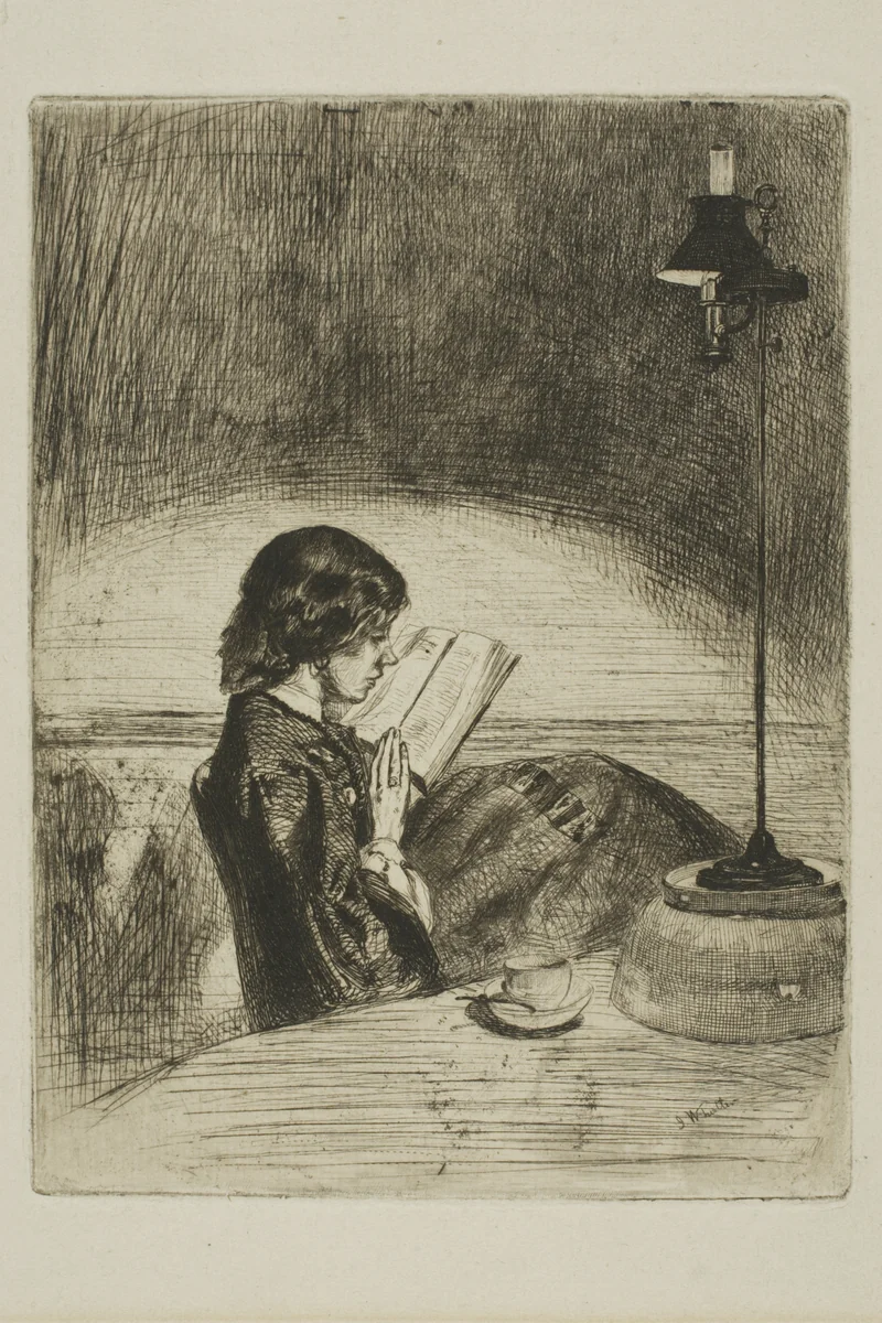 Reading by Lamplight by James McNeill Whistler, print, 1859