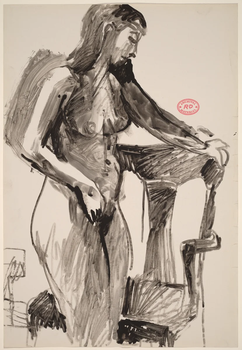 Untitled [standing nude holding a chair back with her left hand] by Richard Diebenkorn, drawing, 1955-1967