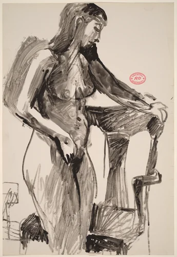 Untitled [standing nude holding a chair back with her left hand] by Richard Diebenkorn, drawing, 1955-1967
