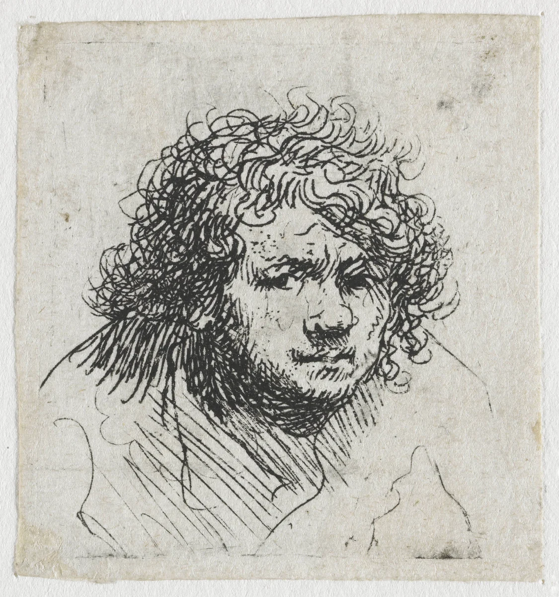 Self-portrait leaning forward: bust by Rembrandt van Rijn, print, 1629