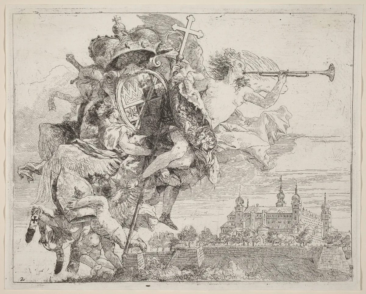 Arms of Karl Philip von Greiffenklau, Prince-Bishop of Wurzburg by Giovanni Domenico Tiepolo, print, 1753