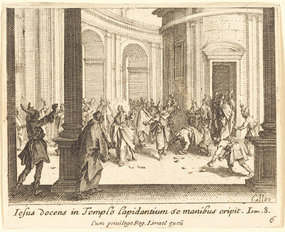 Stoning of Jesus by Jacques Callot, print, 1635