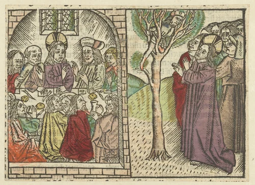 De maaltijd in het huis van Zacheus; Zacheus in de vijgeboom by Unknown, print, 1485-1491