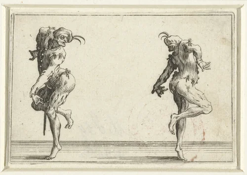 Twee dansers, de een op de linkerzijde, de ander op de rechterzijde gezien by Jacques Callot, print, 1621