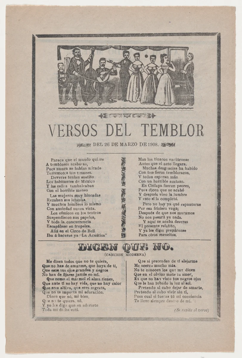 Broadsheet with songs relating to the earthquake that occurred on March 26, 1908 by José Guadalupe Posada, print, 1908