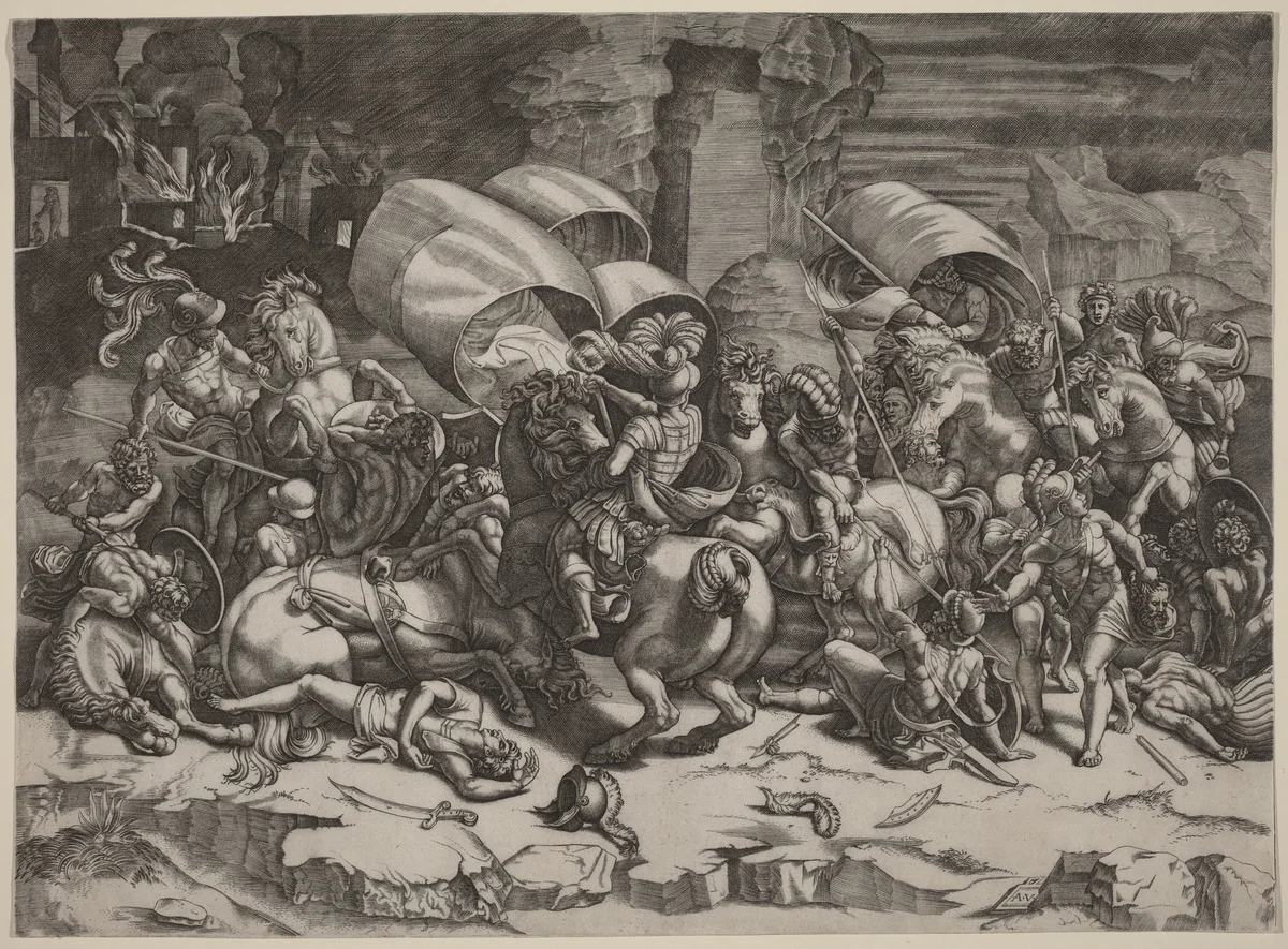 The Battle with the Cutlass by Agostino dei Musi; Giulio Romano, print, 1526-1536