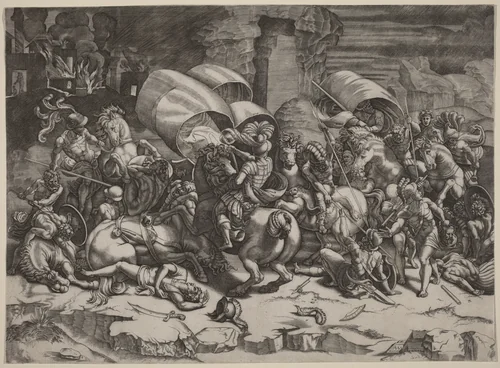 The Battle with the Cutlass by Agostino dei Musi; Giulio Romano, print, 1526-1536