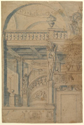 Elevation of a Stairway and Balustrade by anonymous, drawing, 1600-1699