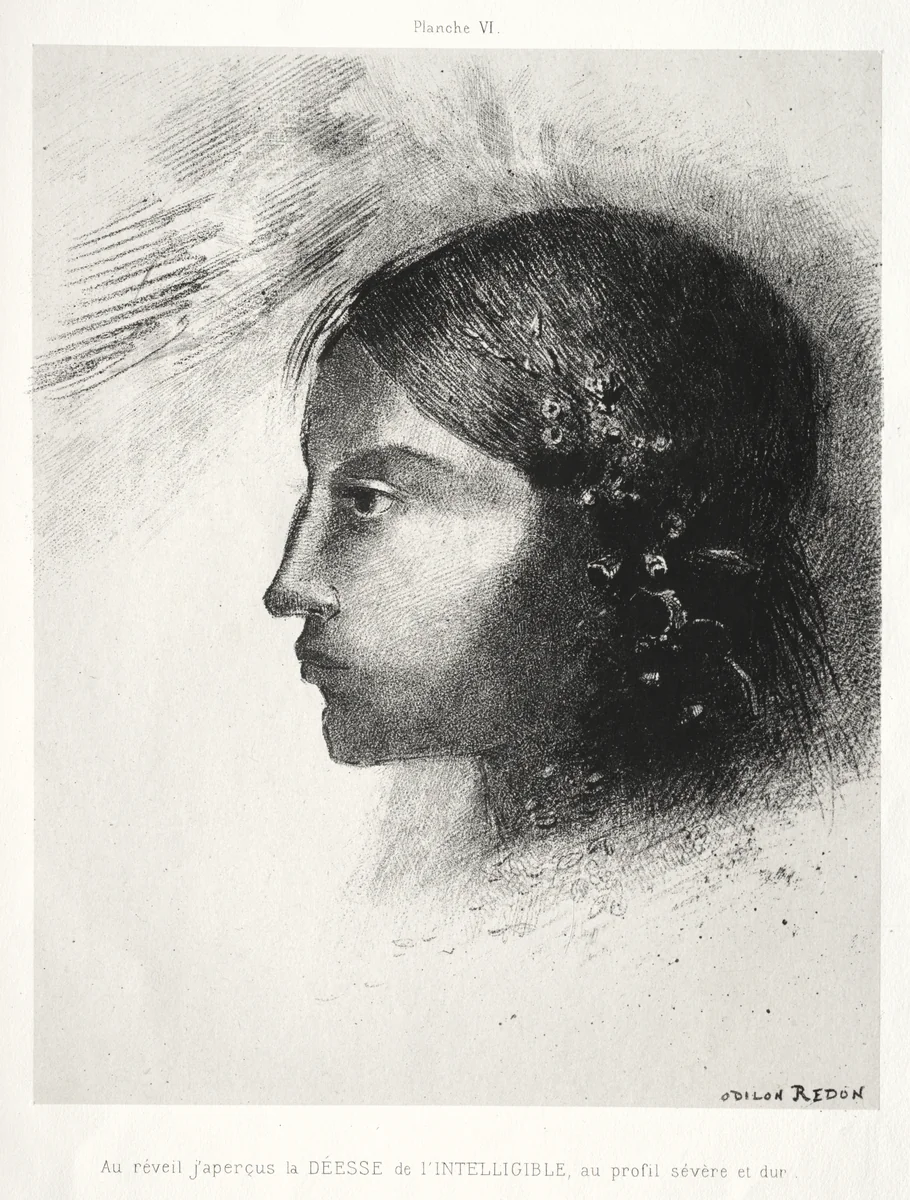 Upon Awakening I Saw the Goddess of the Intelligible with Her Severe and Hard Profile by Odilon Redon, print, 1885