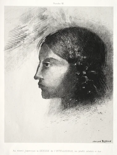 Upon Awakening I Saw the Goddess of the Intelligible with Her Severe and Hard Profile by Odilon Redon, print, 1885