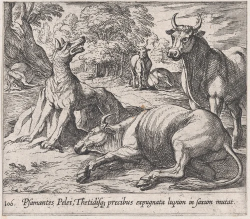 Plate 106: Peleus's Cattle, ad the Sea Wolf Turned to Marble (Psamantes Pelei, Thetidisq precibus expugnata lupum in saxum mutat), from Ovid's 'Metamorphoses' by Antonio Tempesta, print, 1606