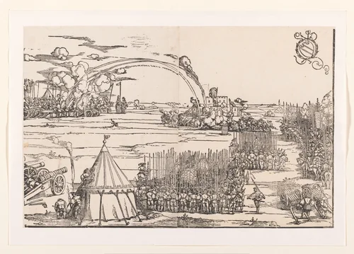 Gezicht op München met militair schouwspel (rechterdeel) by anonymous, print, 1530