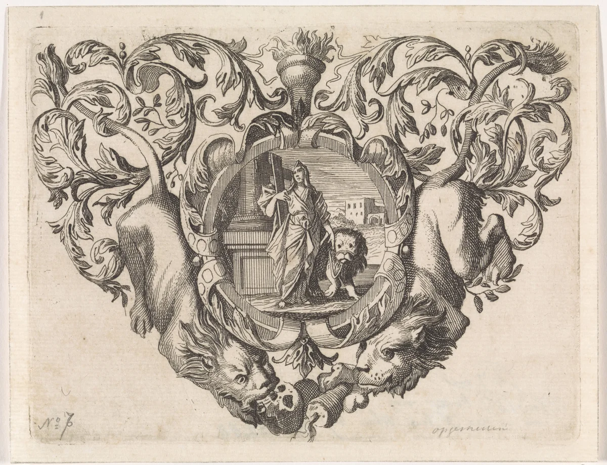 Geloof met kruis en leeuw by Caspar Luyken, print, 1705