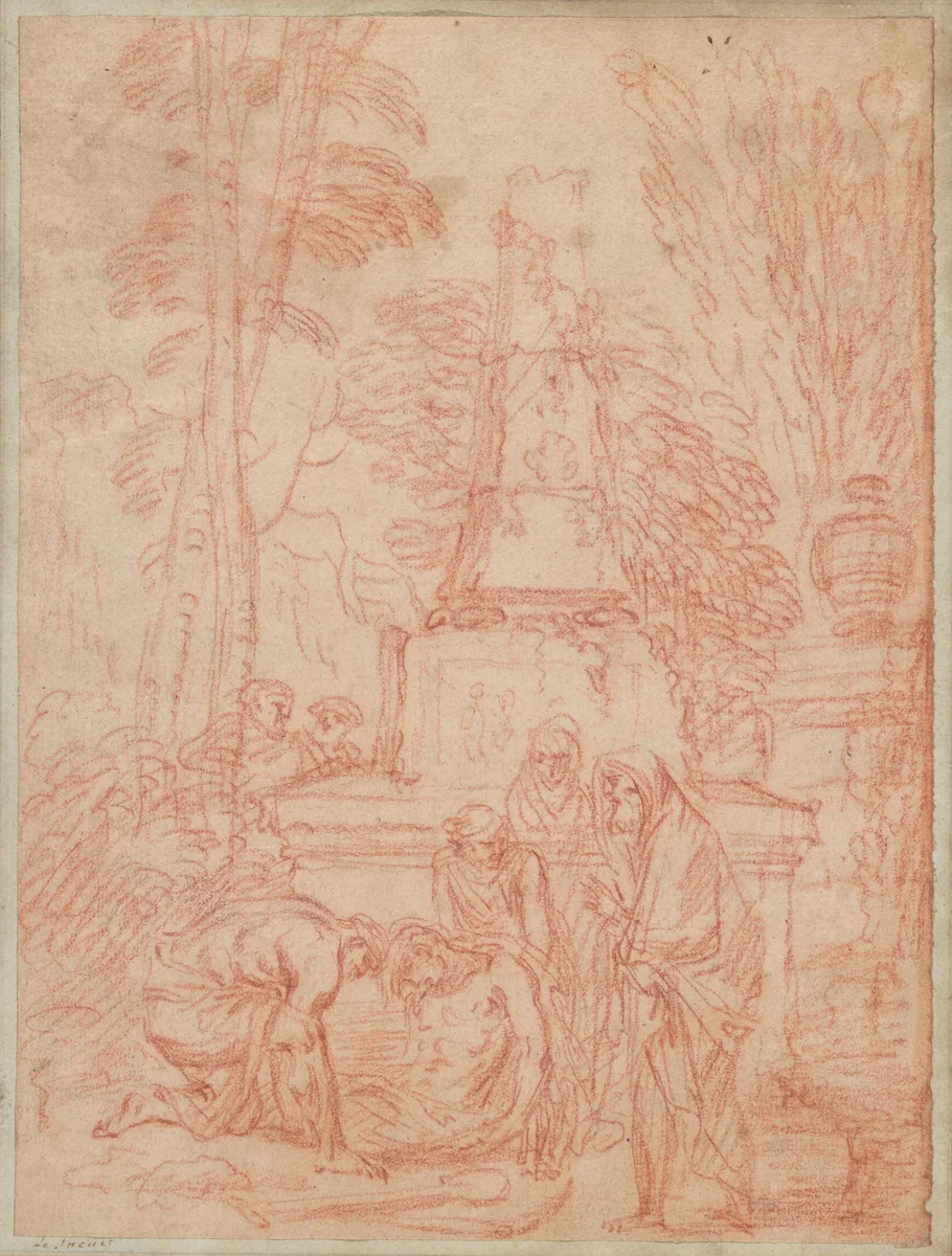 Tobit Burying the Dead by Antoine Watteau; Giovanni Benedetto Castiglione, drawing, 1705-1715