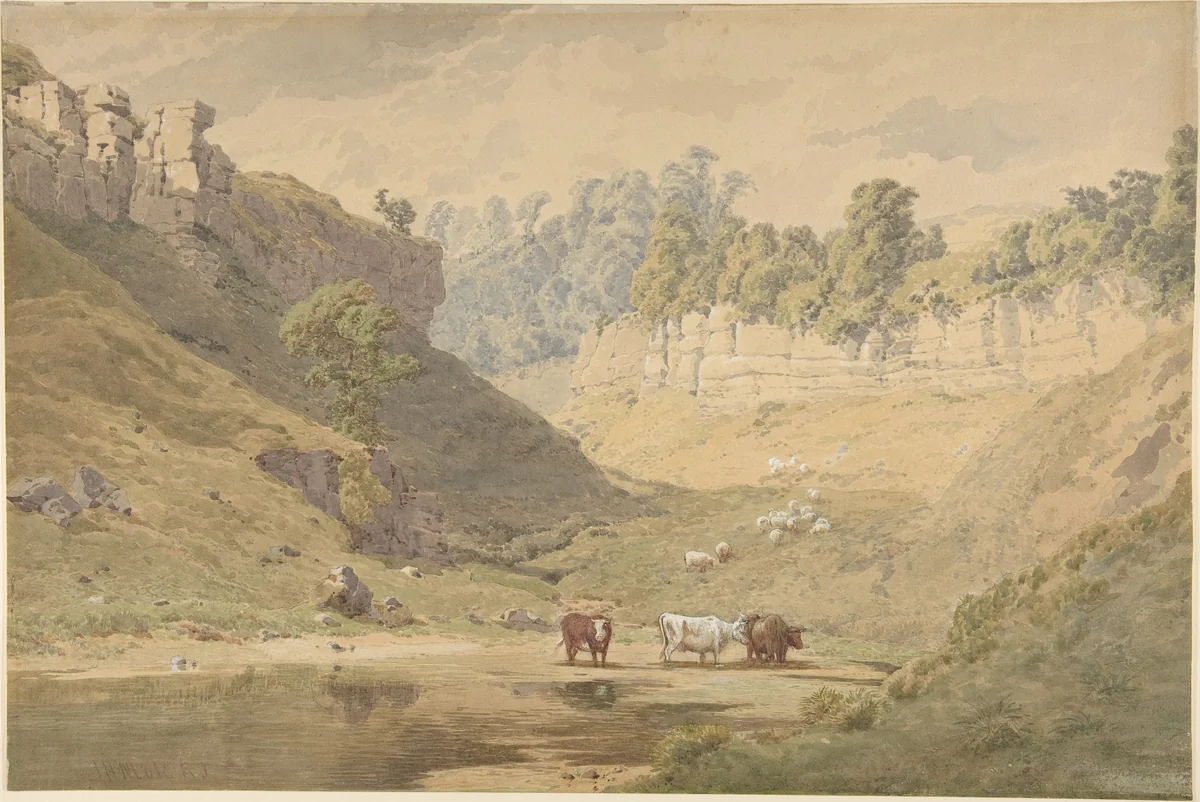 Cattle at a watering hole in a valley by John Henry Mole, drawing, 1846-1886