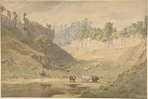 Cattle at a watering hole in a valley by John Henry Mole, drawing, 1846-1886