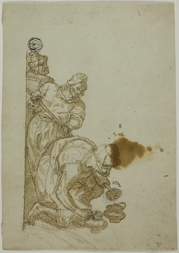 Three Men, One Bending Over Vessels by Unknown Artist, drawing, 1500-1599