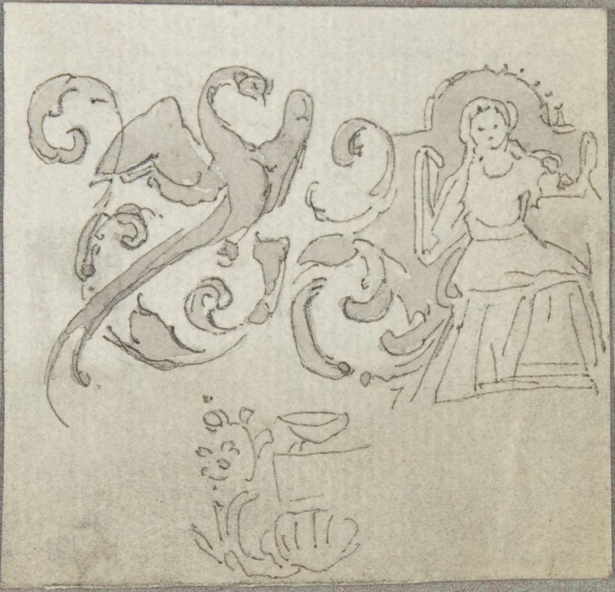 Sketch of Seated Female Figure with Foliate Decoration by William Pitts, drawing, 1805-1840